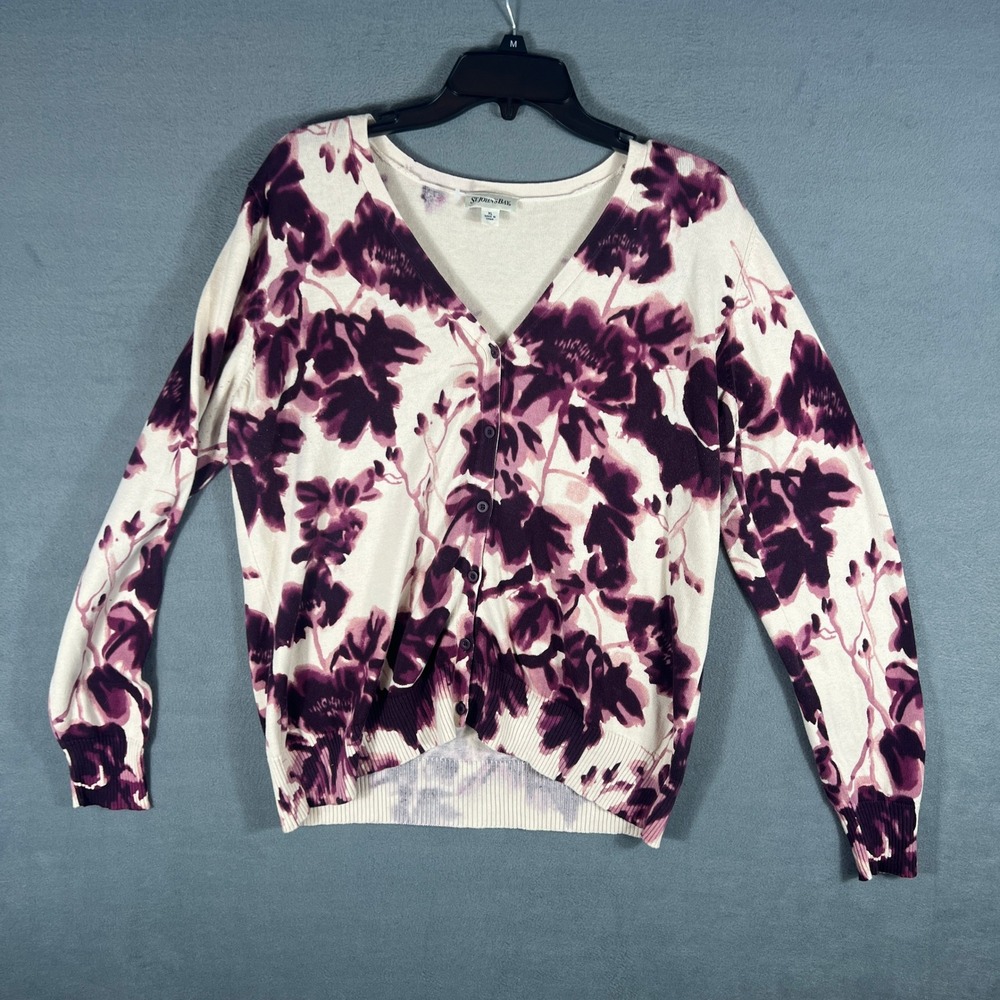 St. Johns Bay Womens Cardigan Sweater XL Purple Cream Floral Button Long Sleeve